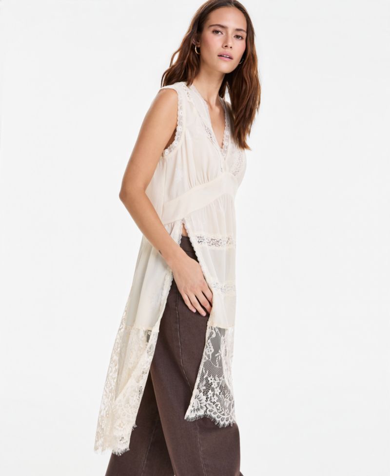 Women's V-Neck Sleeveless Lace-Trim Tunic