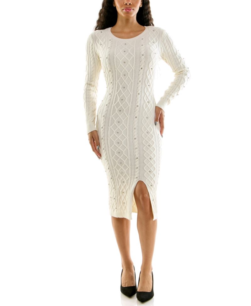 Juniors' Cable-Knit Rhinestone-Embellished Midi Dress
