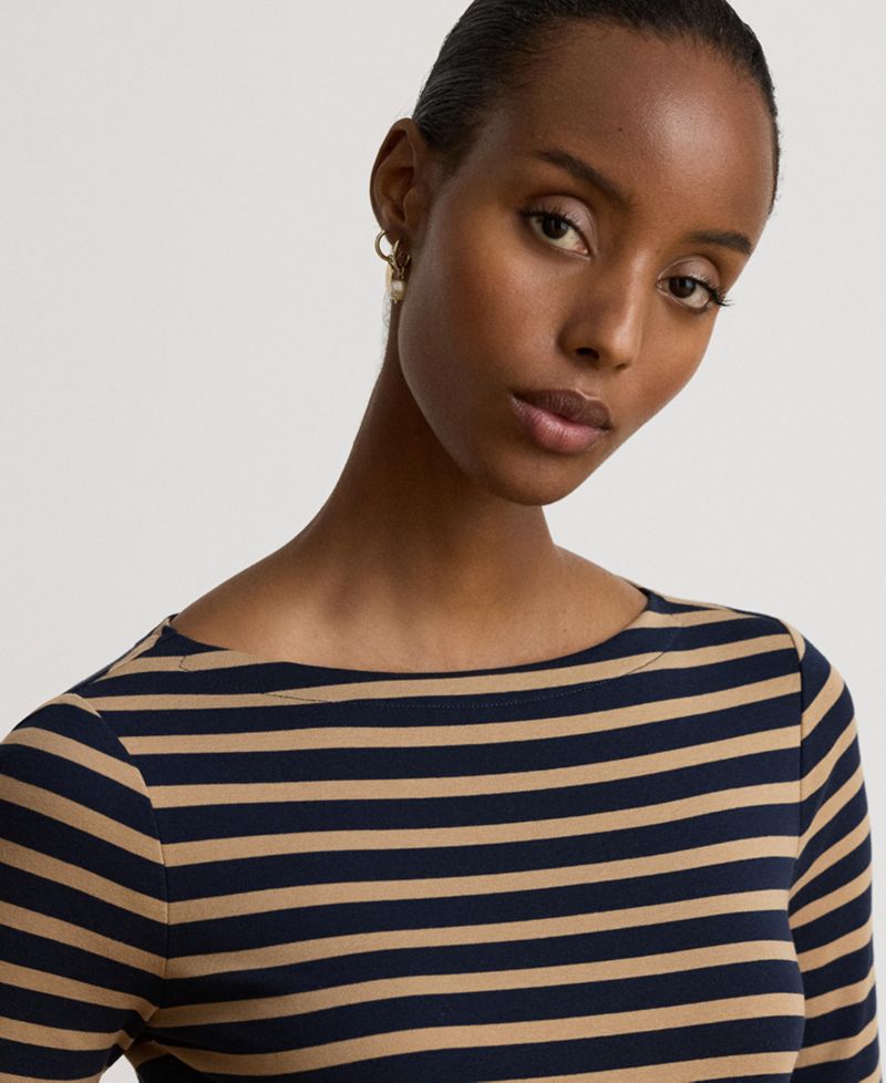 Petite Striped Stretch Cotton Boat Neck Top