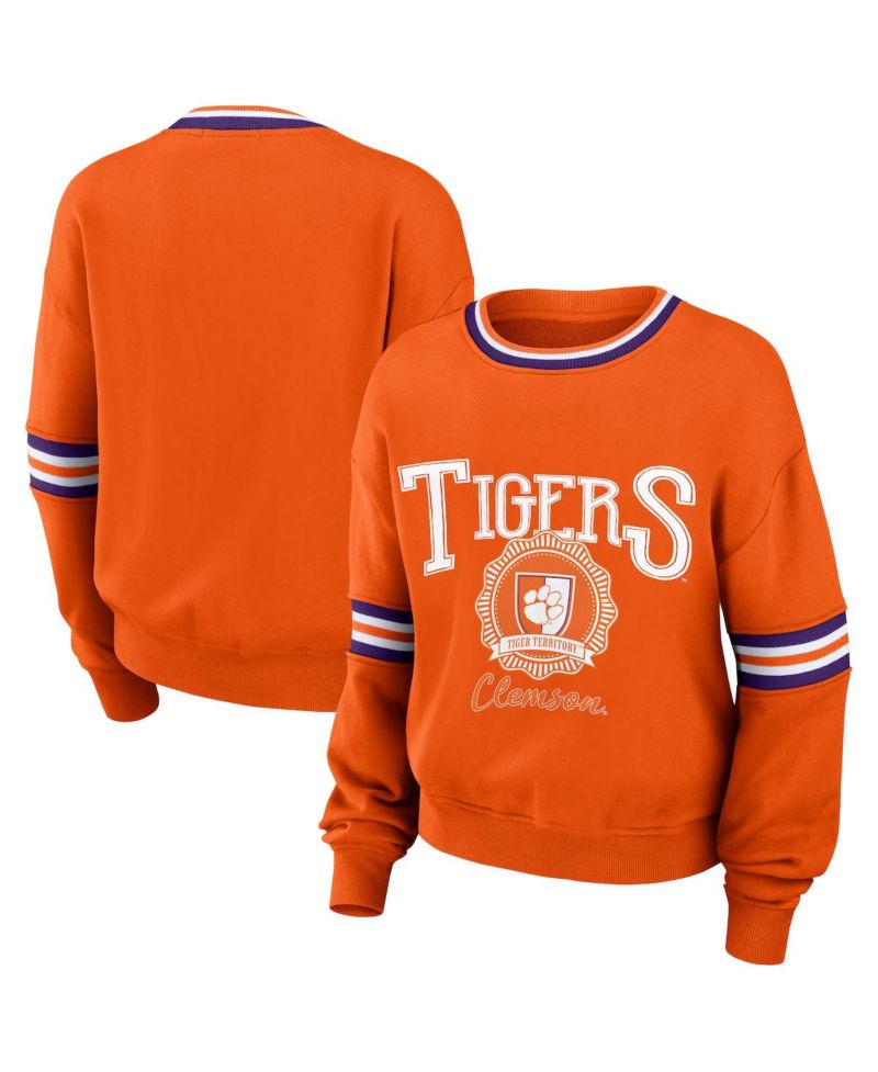 Women's Orange Distressed Clemson Tigers Vintage-Like Pullover Sweatshirt