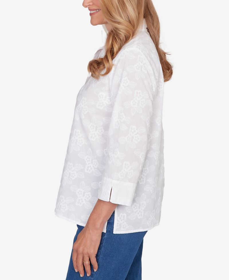 Women's Classic Collared Flower Embroidered Button Down Top