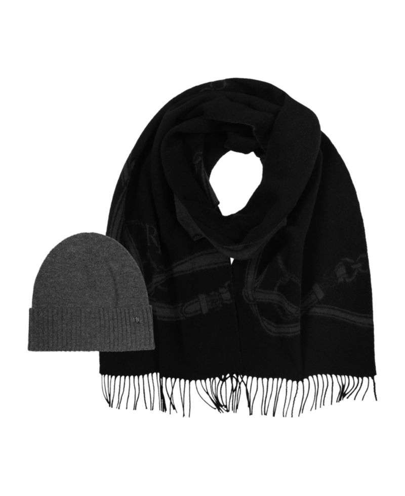 Equestrian Woven Scarf and Knit Beanie Set