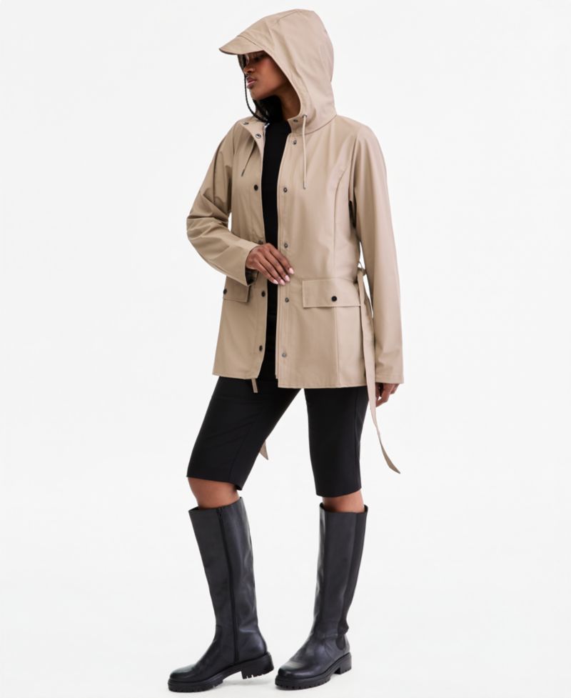 Women's Tie-Waist Snap-Front Hooded Rain Coat
