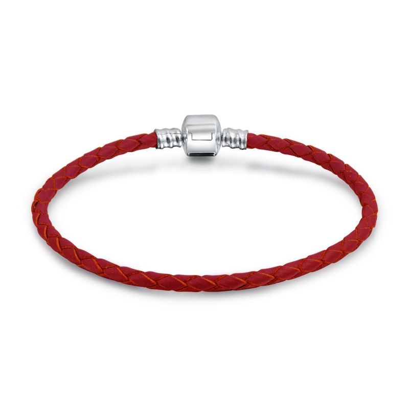 Red Weave Braided Leather Starter Charm Fits European Beads Bracelet .925 Sterling Silver Barrel Clasp