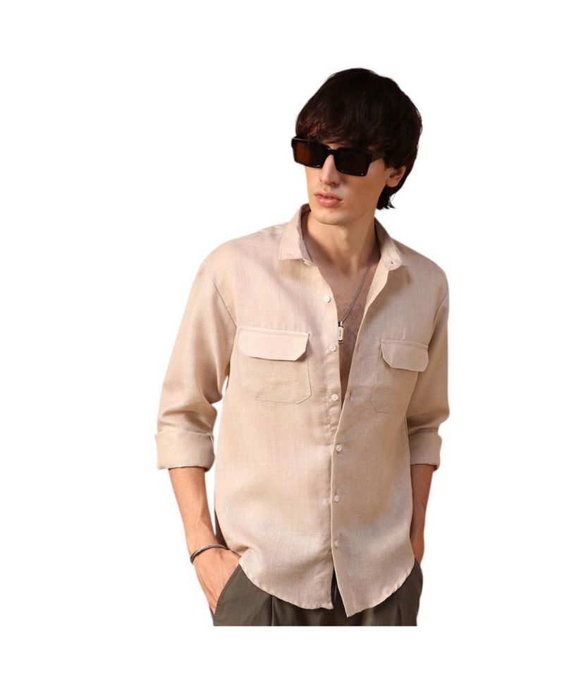 Men's Khaki Beige Solid Utility Shirt