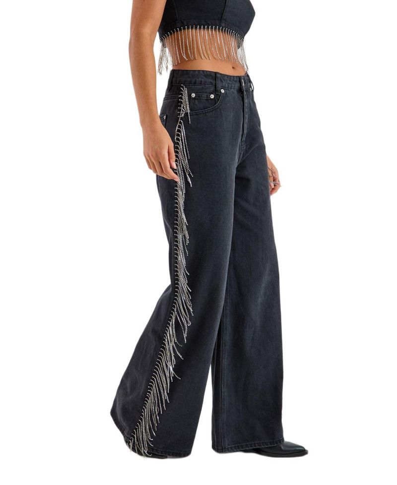 Women's Denim Diamonte Tassel Straight Leg Jeans
