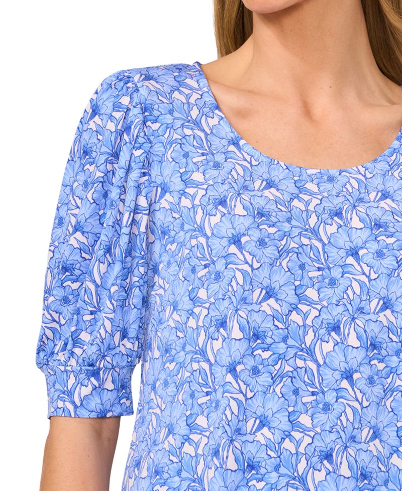 Women's Floral Shirred Scoop-Neck 3/4-Sleeve Knit Top