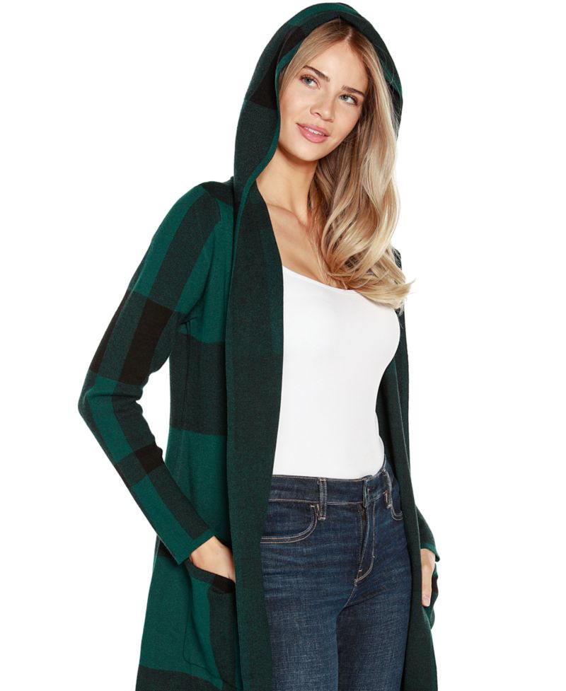 Women's Hooded Plaid Coatigan Sweater