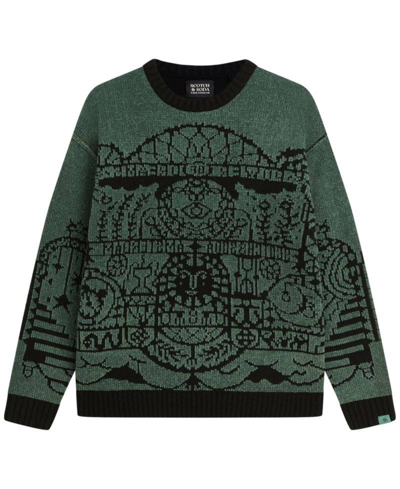Men's Chenille Jacquard Wool-Blend Dropped Shoulder Crewneck Sweater