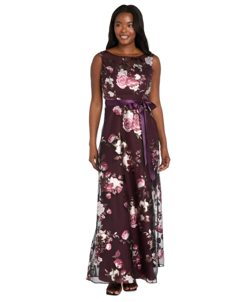 Women's Printed Foil Floral Boat Neck Gown