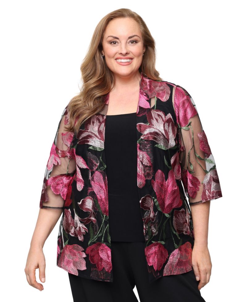 Plus Size 3/4-Length-Sleeve Jacket and Sleeveless Top, 2-Piece Set