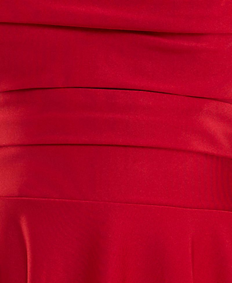 Juniors' Satin Sweetheart Rhinestone Trim Neckline Fit & Flare Dress