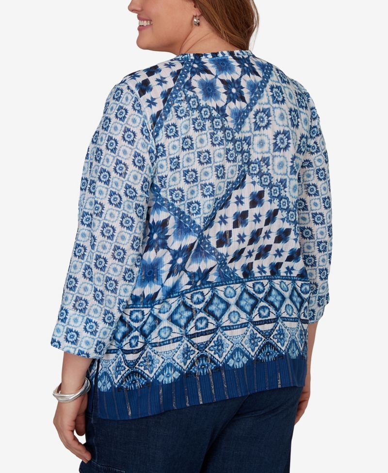 Plus Size Ikat Tie-Dye Patchwork Henley Top