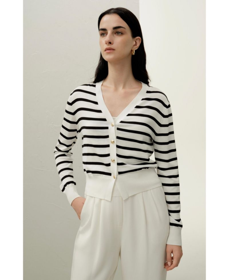 Women's Silk-Cotton Striped Knit Cardigan Set