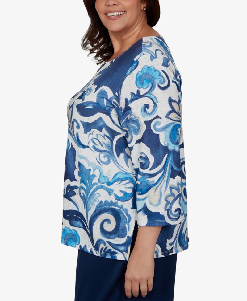 Plus Size Floral-Print 3/4-Sleeve T-Shirt