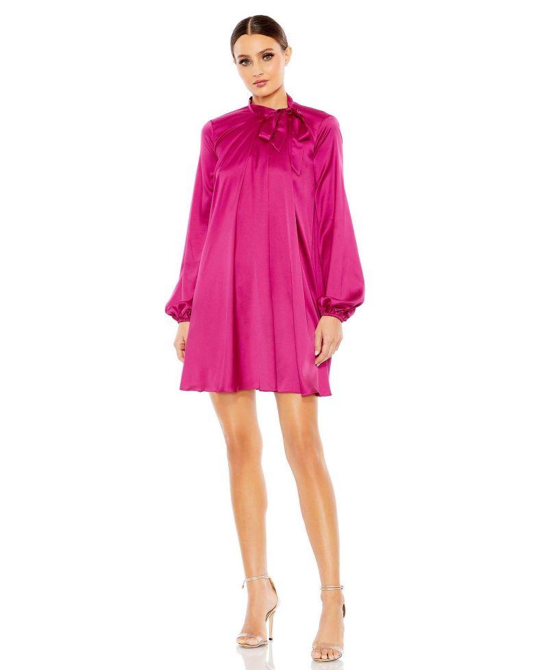 Women's Soft Tie High Neck Pull Sleeve Shirt Dress