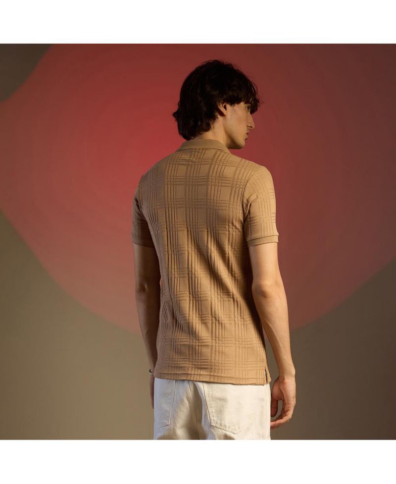 Men's Buff Beige Intertwine-Textured Polo T-Shirt
