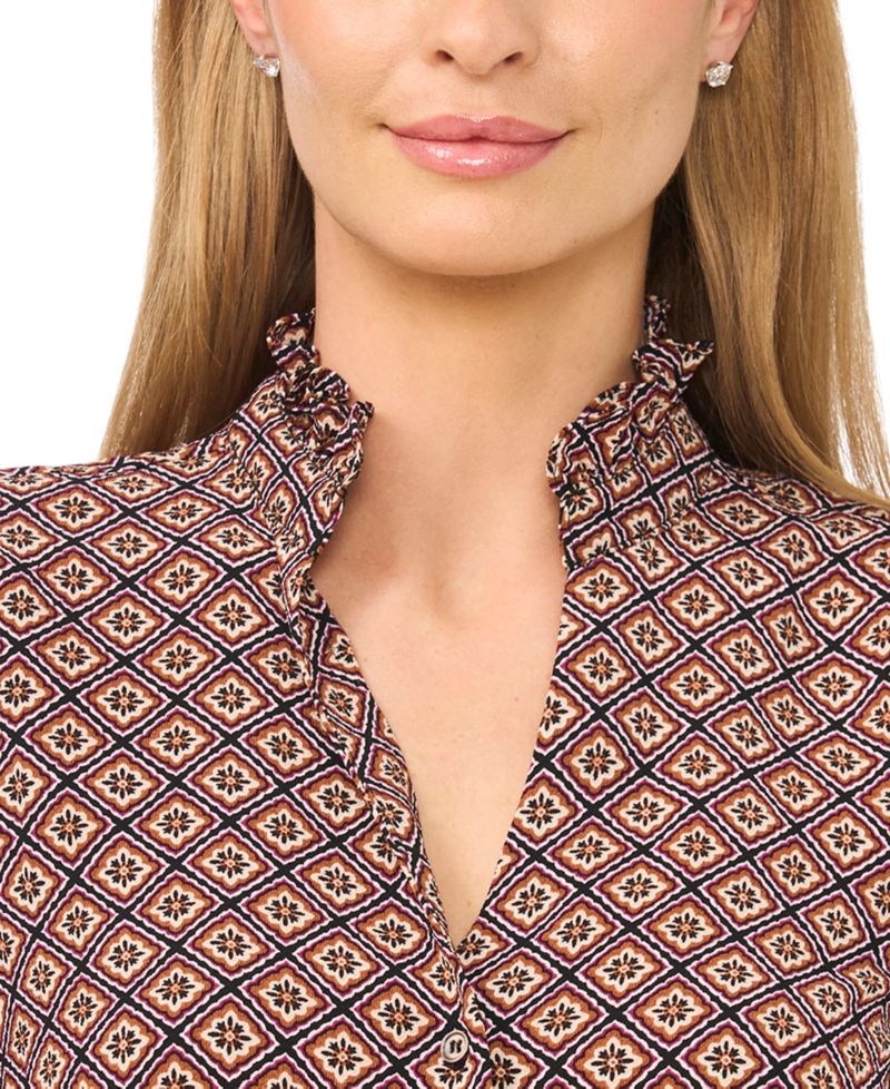 Women's Ruffle V-Neck Elbow-Length Blouse