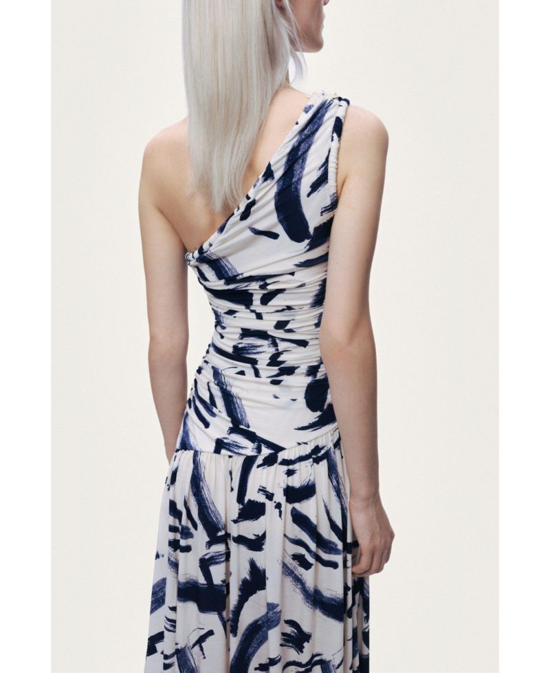 Women's Printed One-Shoulder Draped Midi Dress