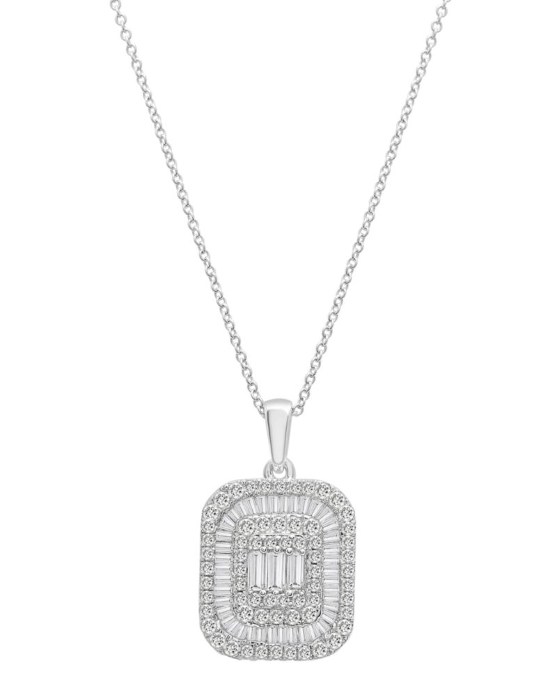 Diamond Round & Baguette Square Halo Cluster Pendant Necklace (1 ct. t.w.) in 14k White Gold, 16" + 2" extender