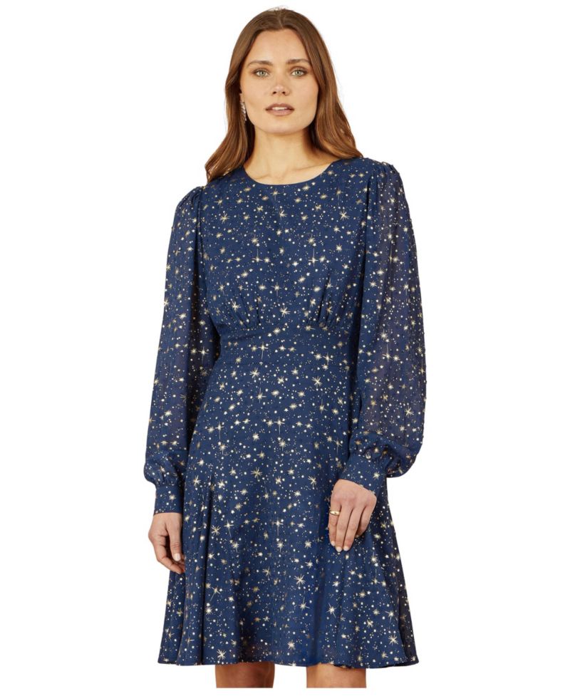 Women's Star Print Foil Long Sleeve Dress