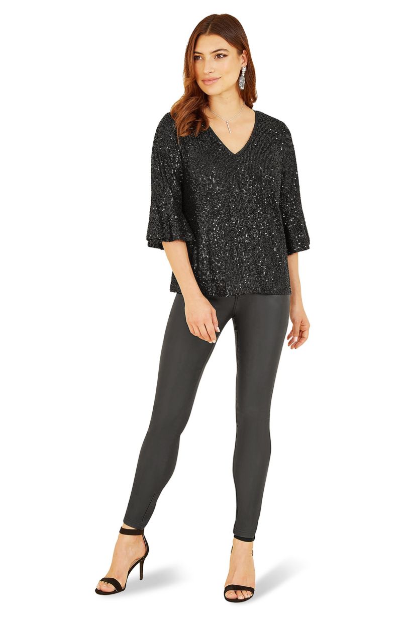 Women's Sequin V-Neck Fluted Sleeve Top