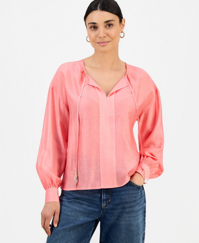 Petite Long-Sleeve Tie Neck Blouse
