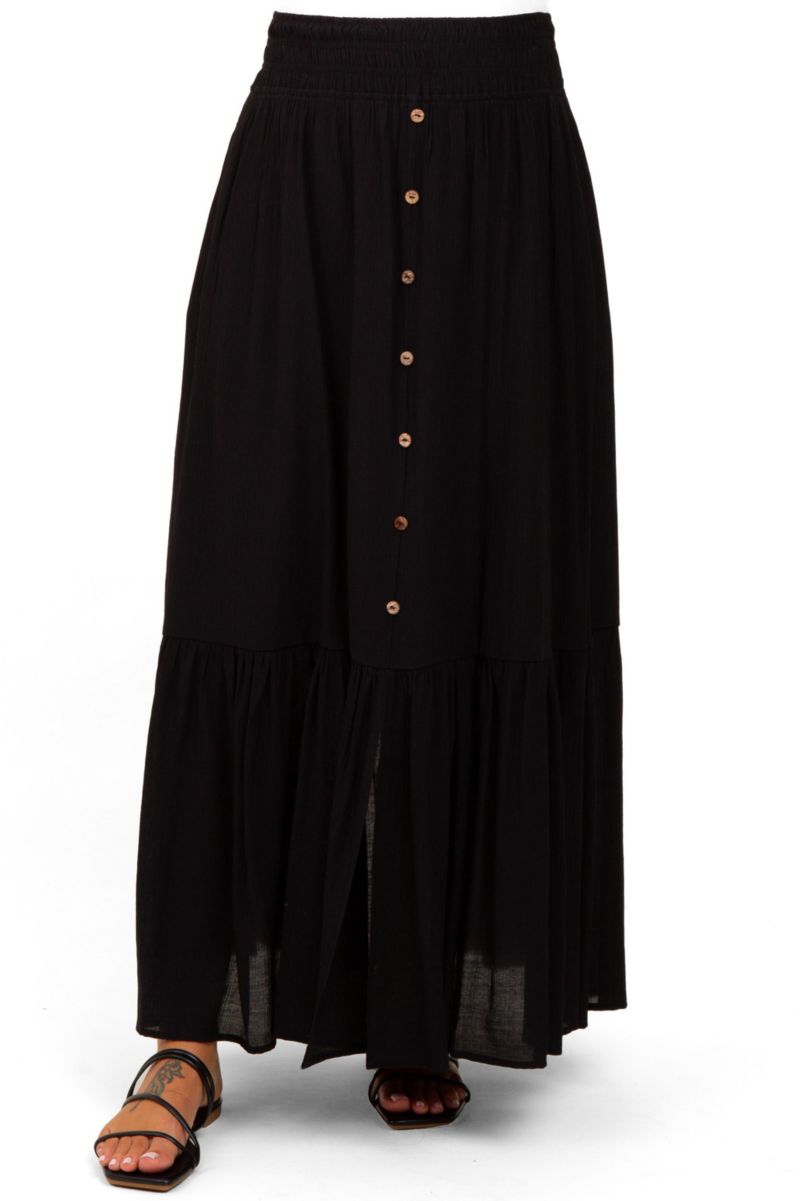 Women's Black Smocked Waist Button Accent Maxi Skirt