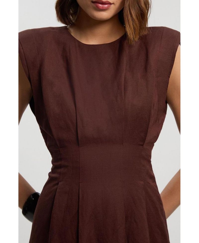 Women's Linen Blend Pintuck Midi Dress