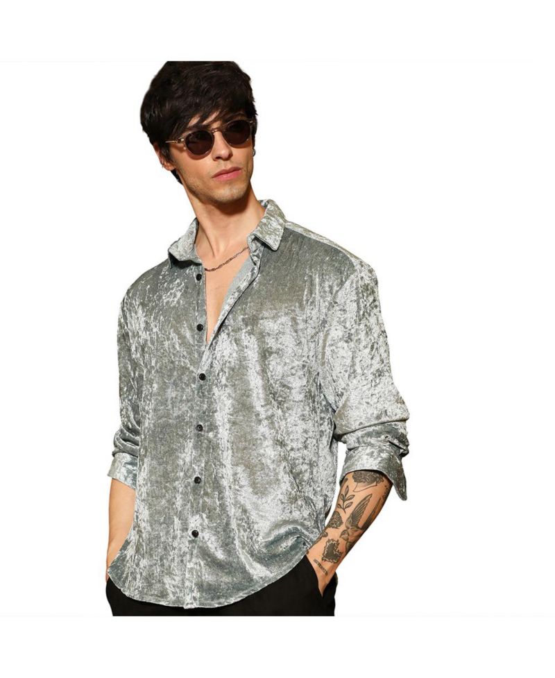 Men's Sage Green Solid Velvet Shirt