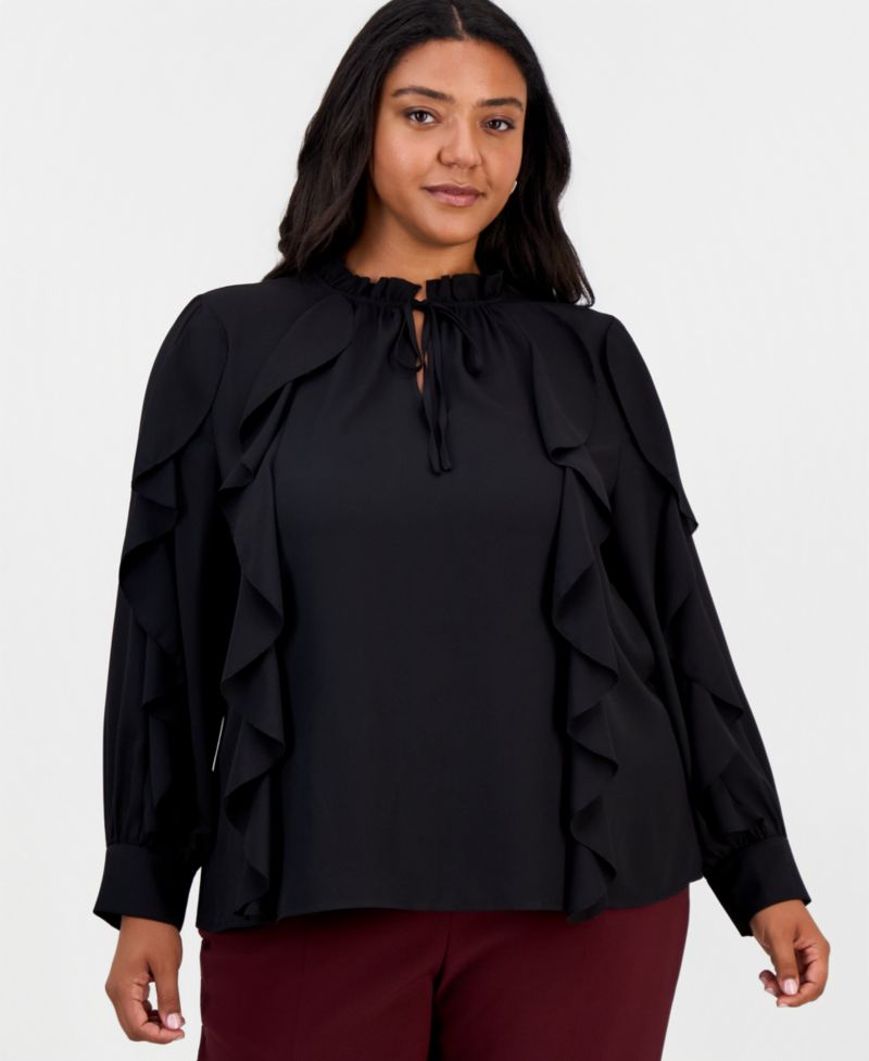 Plus Size Long-Sleeve Keyhole-Neck Ruffle-Trim Blouse
