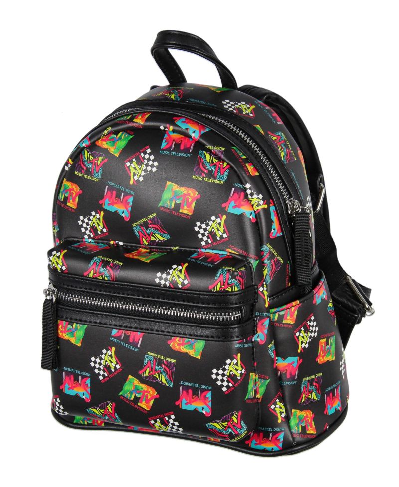 Music Television '80s Logo Tossed Print Zippered Mini Small Backpack Bag 10 Inch.