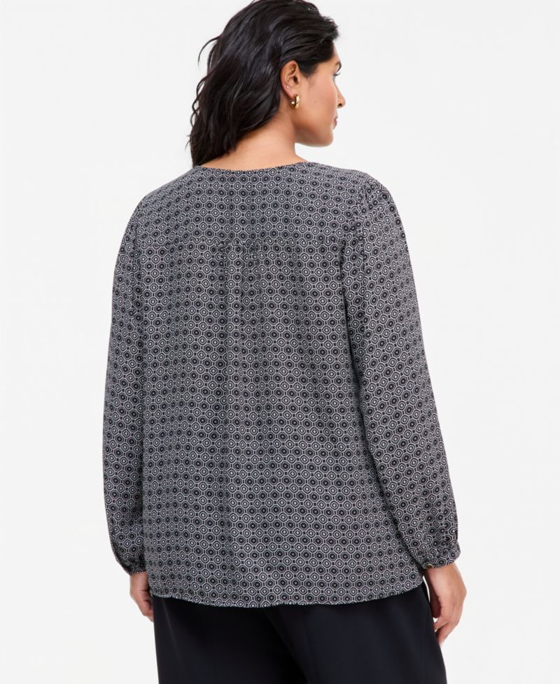 Plus Size Long-Sleeve V-Neck Geometric Blouse