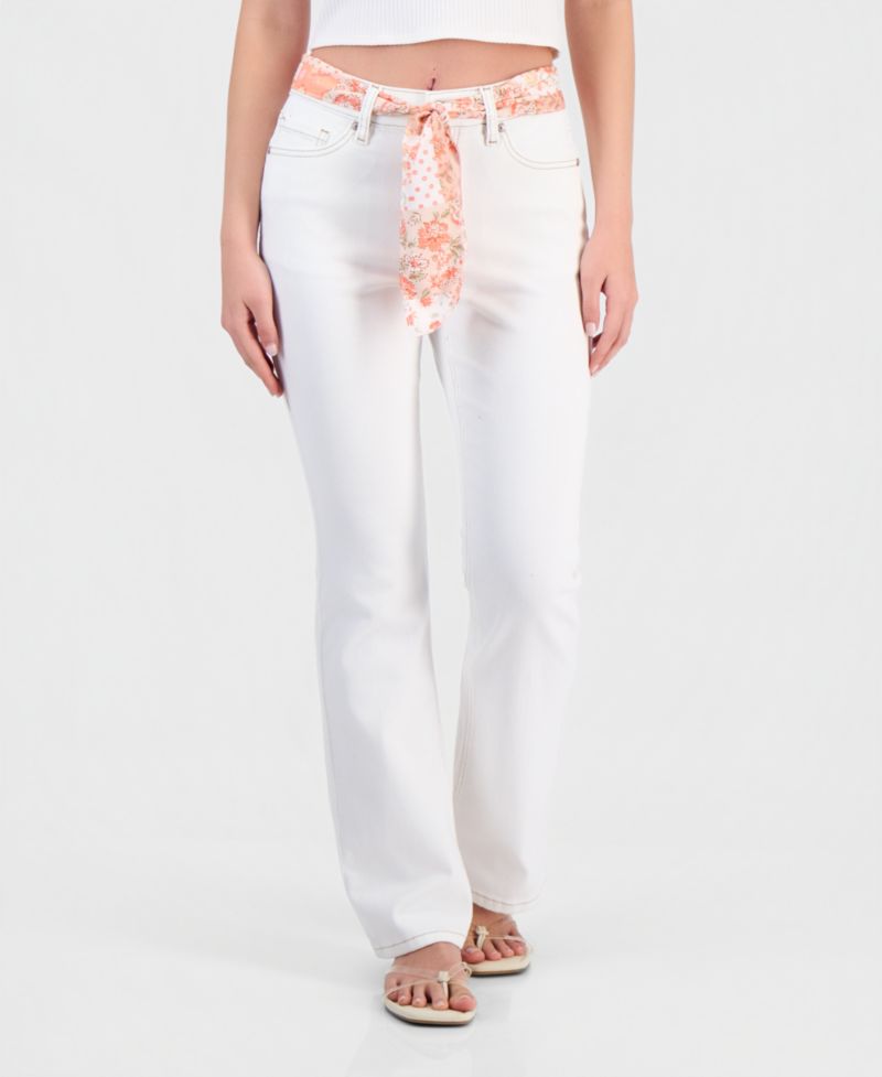 Juniors' Mid-Rise Scarf-Belt Bootcut Jeans