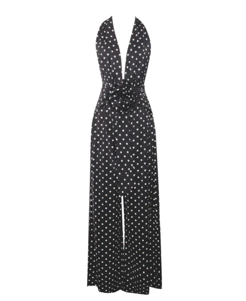 Women Oriana Black Polka Dots Halter Jumpsuit