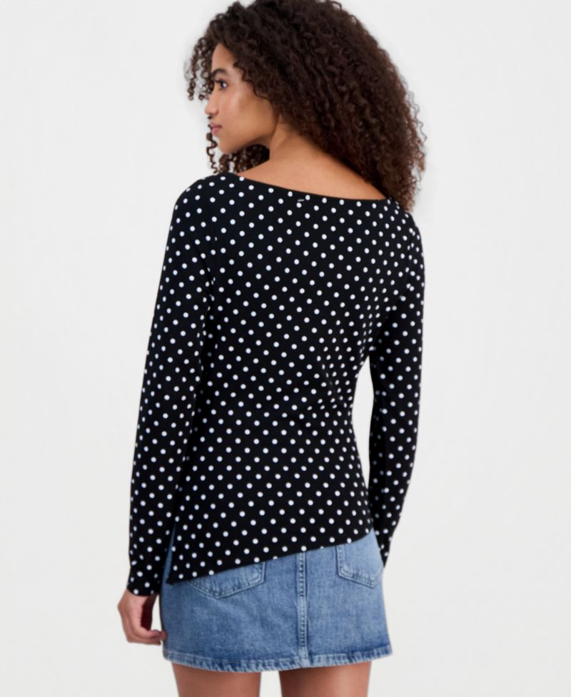 Juniors' Printed Boat Neck Long Sleeve Top