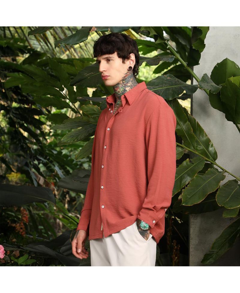 Men's Coral Orange Breezy Wrinked Shirt