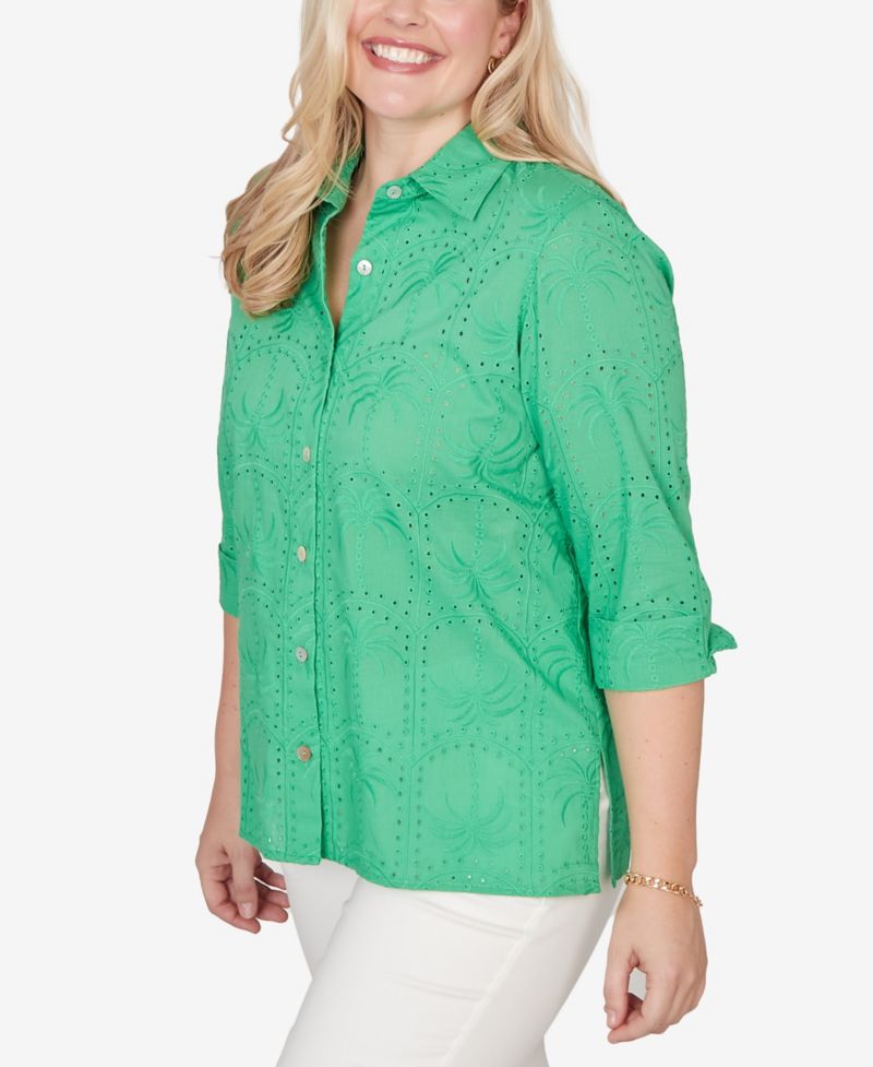 Petite Resort Living Eyelet Palm Tree Button-Front Top