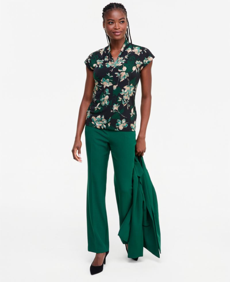 Women's Funnel-Neck Foil-Print Floral Cap-Sleeve Blouse