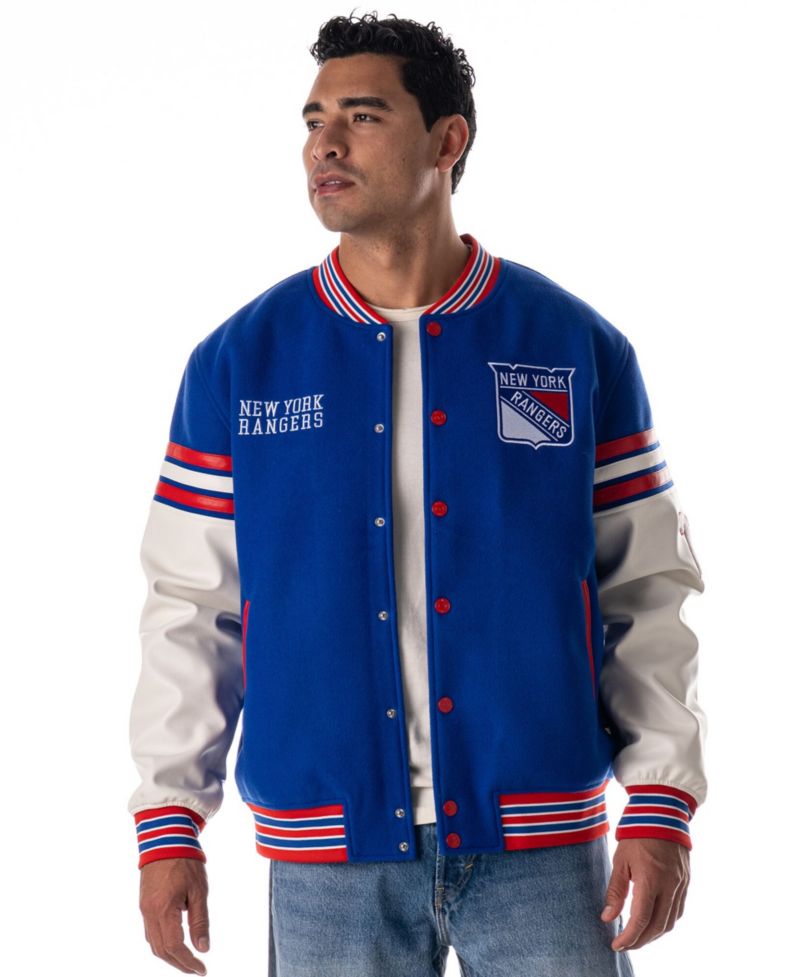 Men's and Women's Blue New York Rangers Drop Shoulder Full-Snap Varsity Jacket