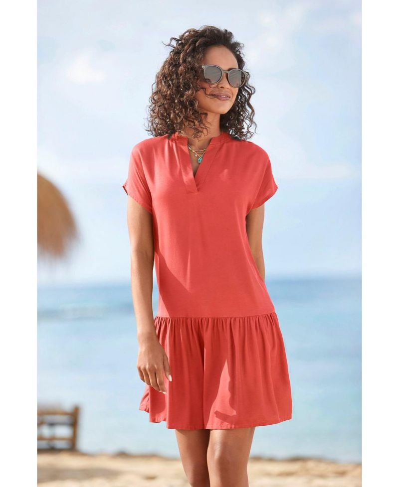 Women's Viscose Printed Flounce Hem Shift Notch-Neck Short Dress