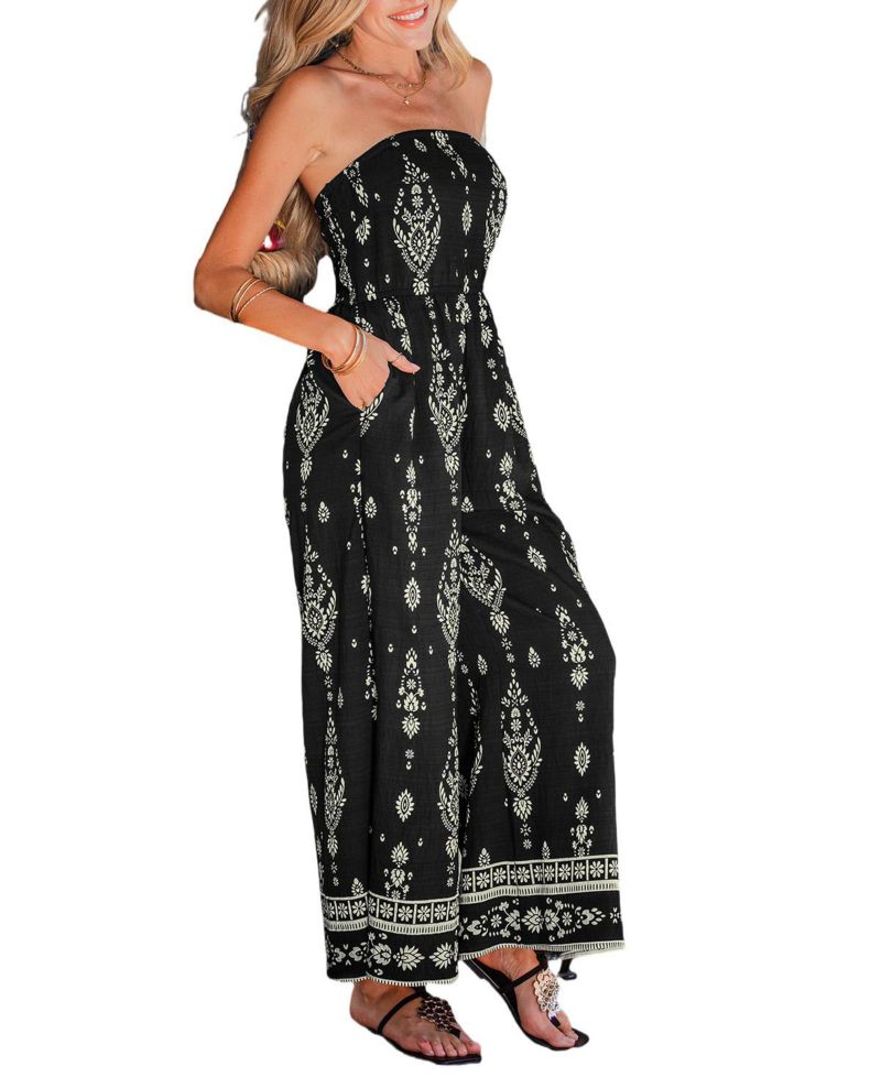 Women's Bohemian Floral Strapless Wide Leg Jumpsuit