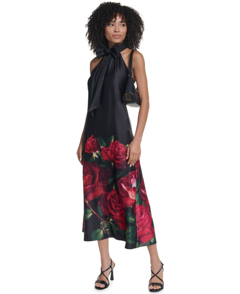 Women's Halter Floral-Print Satin Midi Dress
