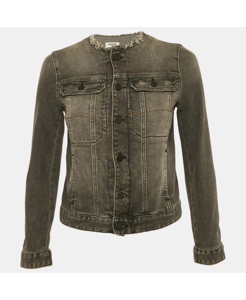 Women's Pre-Owned Zadig and Voltaire Grey Distressed Denim Embroidered Kiok Gris Brode Jacket