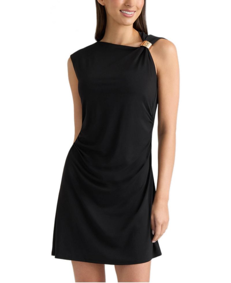 Women's Asymmetrical Neckline with Metallic Trim Sleeveless Mini Dress