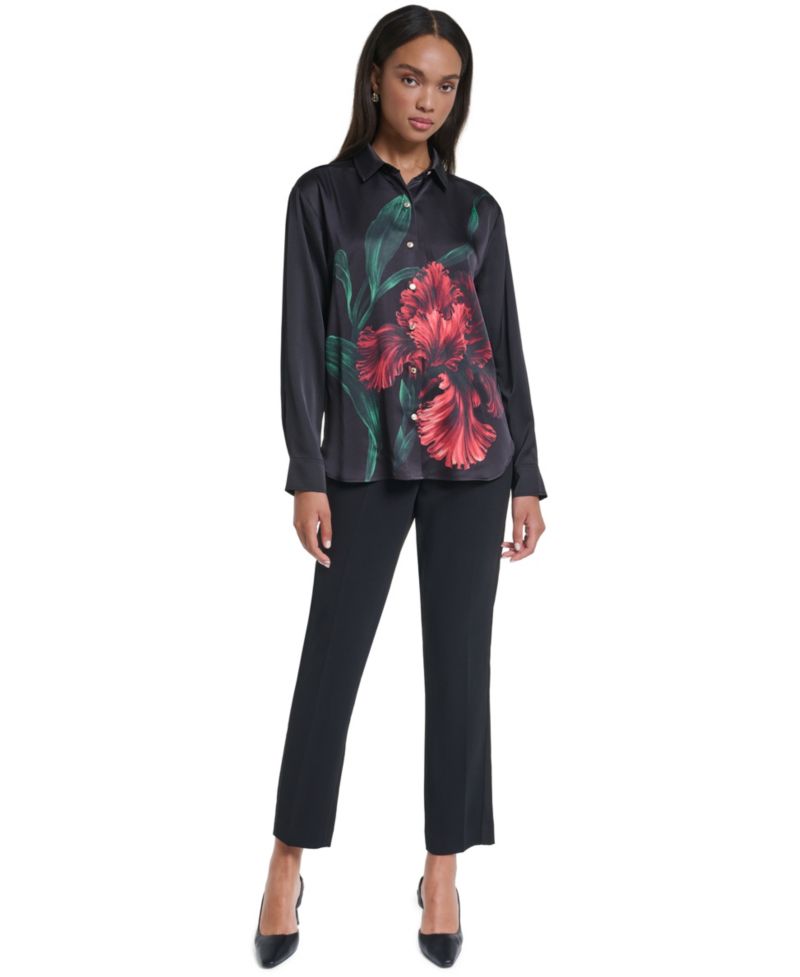 Women's Long-Sleeve Floral-Print Satin Blouse
