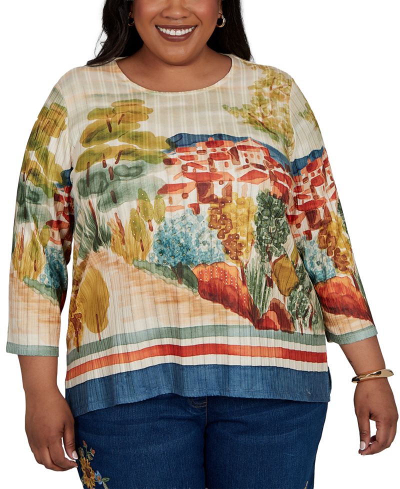Plus Size 3/4-Sleeve Side-Slit T-Shirt