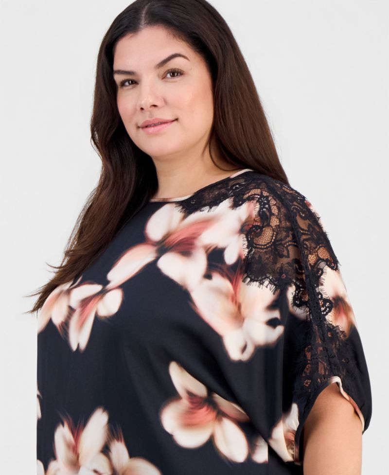 Plus Size Inset Lace Dolman Floral Blouse