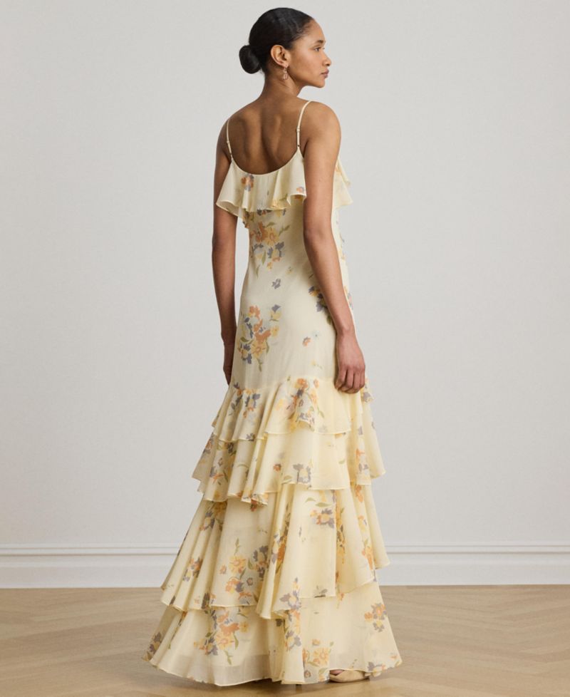Floral Ruffle-Trim Georgette Gown