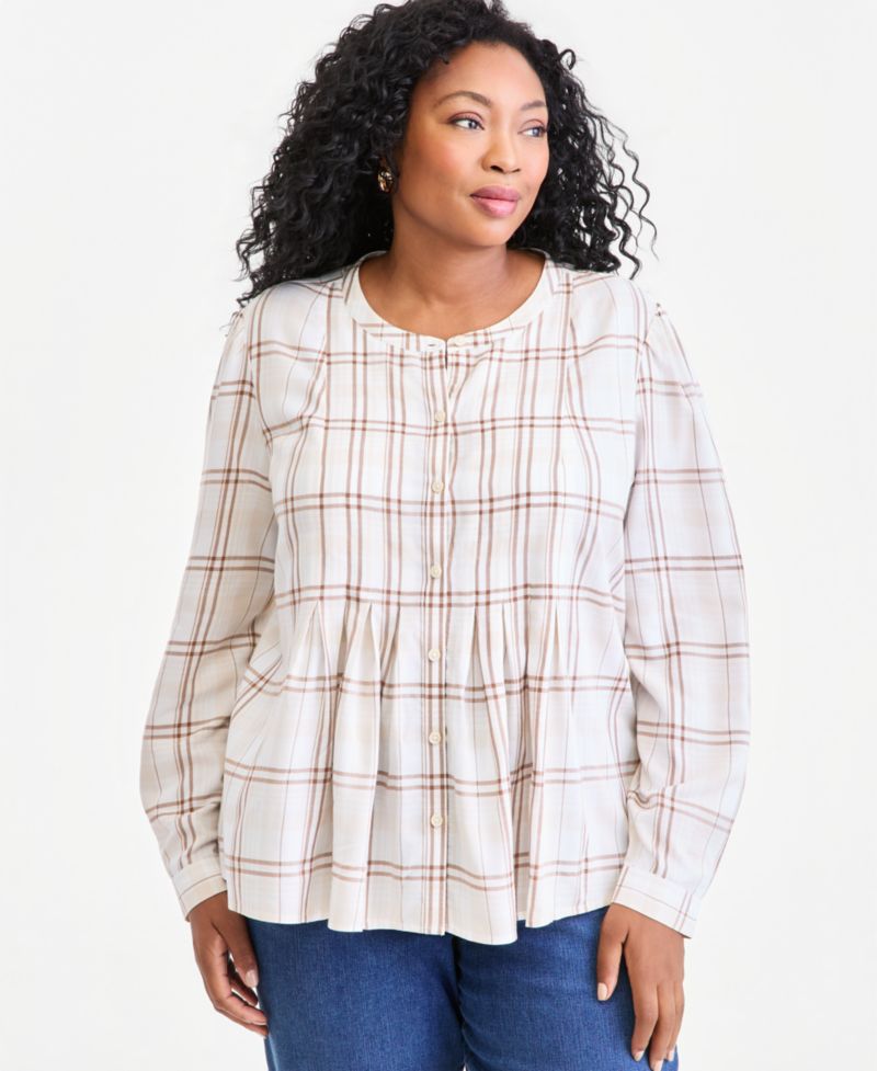 Plus Size Plaid Long-Sleeve Pleat Front Top